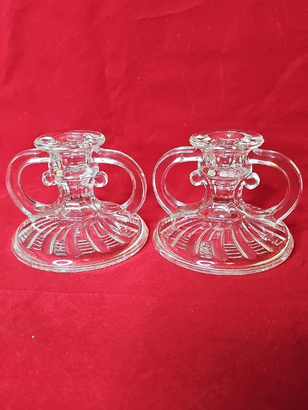 Vintage LE Smith Clear Glass Double-Handled Chamberstick Pair